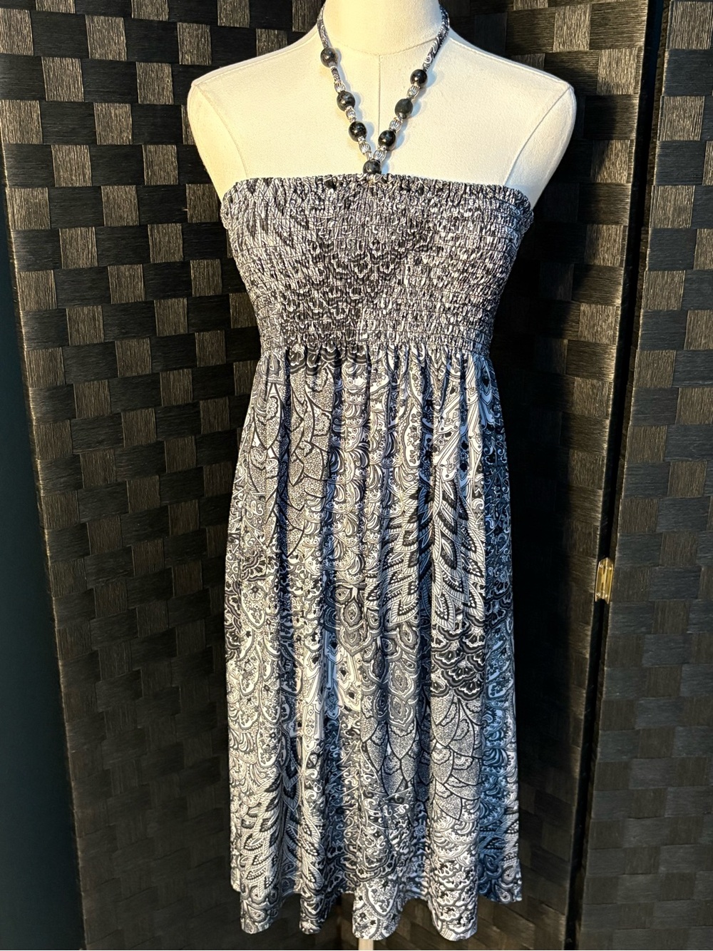 Y2K Ingear Beaded Halter Smocked Paisley Midi Dress - Black & White